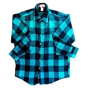 Vintage Aqua Plaid Flannel Button Up Shirt Medium Windbridge